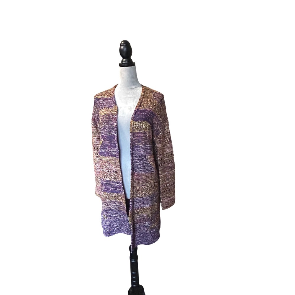 GAP Petite Striped Open Front Long Cardigan Sweater Purple Gold Size S - Picture 9 of 9